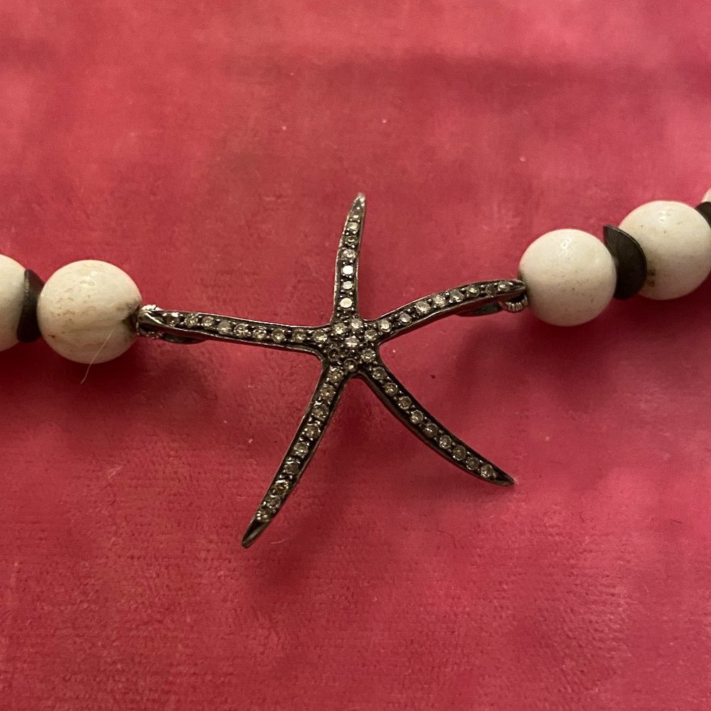 Diamond Starfish and White Jade Beaded Necklace - Sterling Silver